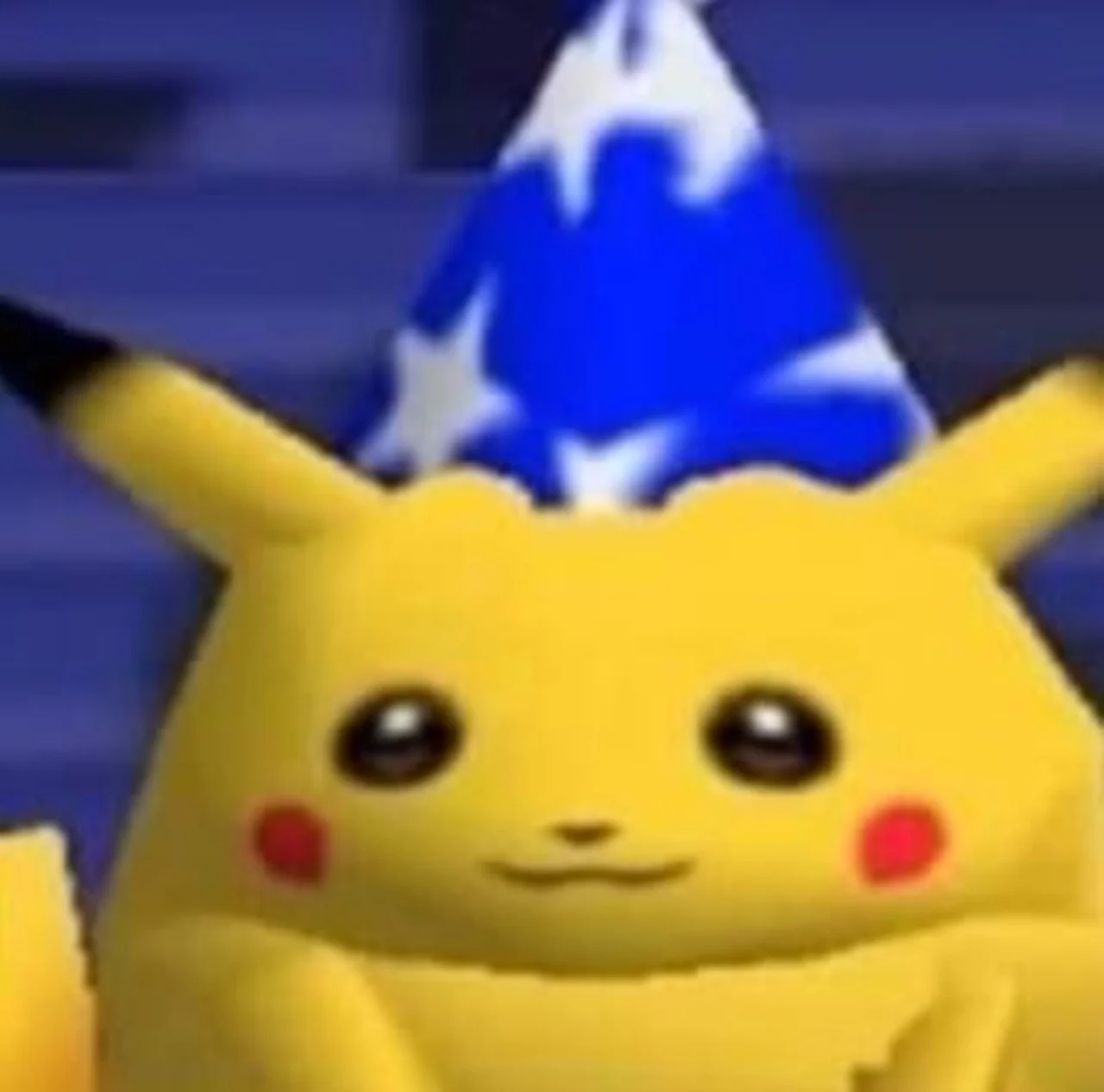 Low-resolution 3D render of Pikachu wearing a blue star-patterned wizard hat, smiling slightly