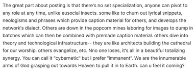 Block of dark text on white describing posting roles as a 'beautiful totalizing synergy' and arms of God