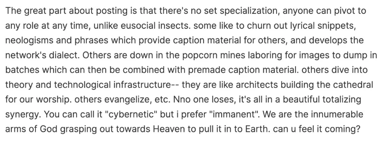 Block of dark text on white describing posting roles as a 'beautiful totalizing synergy' and arms of God