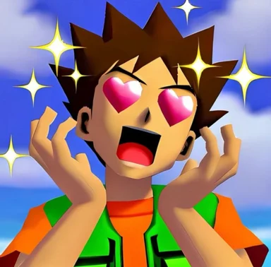 Digitally painted anime boy with spiky brown hair, pink heart-shaped eyes and sparkles, hands raised in glee