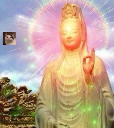 Glowing Guanyin statue with pink starburst halo and a small meme cat photo pasted in the sky beside it
