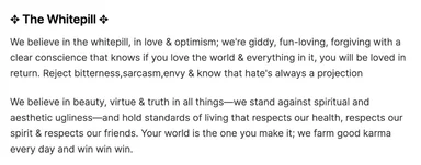 Screenshot of black text on white headed "The Whitepill" with two paragraphs of optimistic manifesto writing