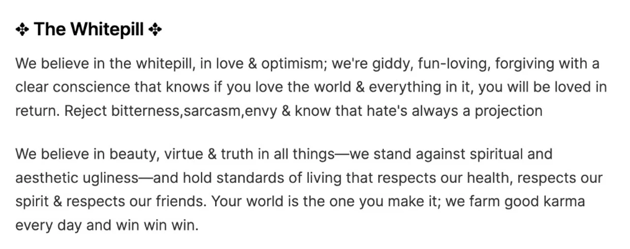 Screenshot of black text on white headed "The Whitepill" with two paragraphs of optimistic manifesto writing