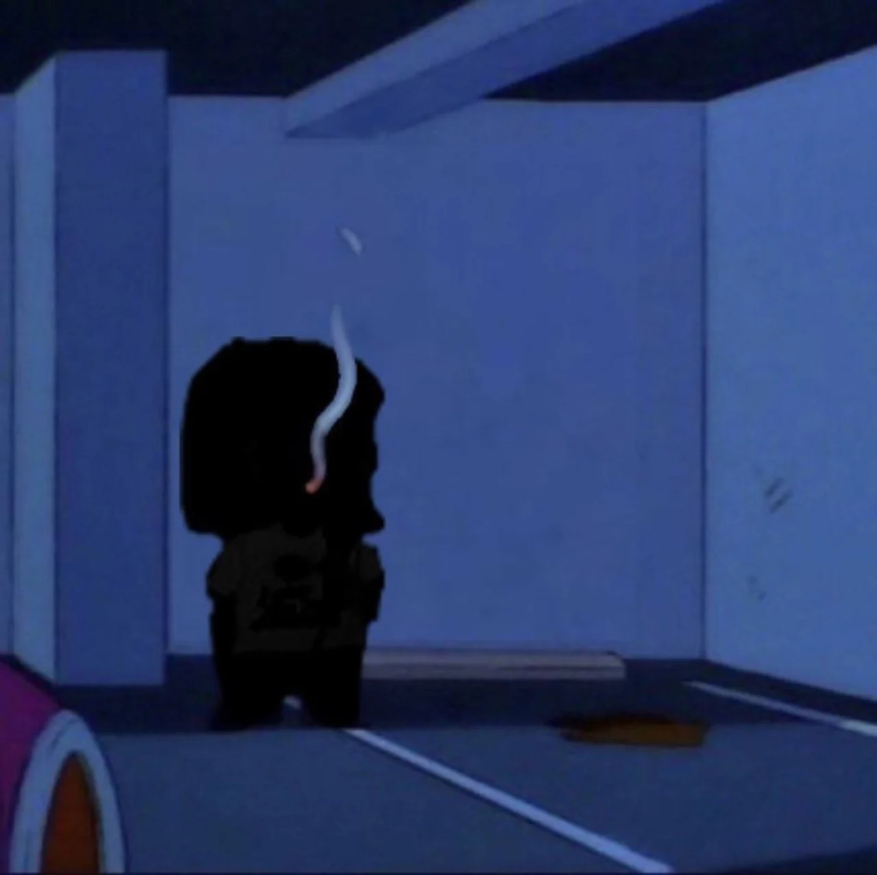 Animated silhouette of a figure smoking a cigarette in a dim blue parking garage at night