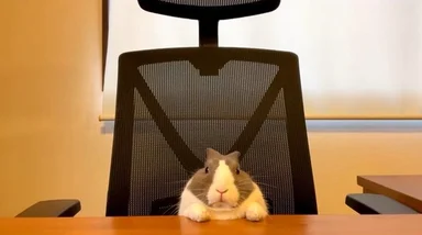 Grey and white rabbit peeking over a wooden desk while seated in a large black mesh office chair