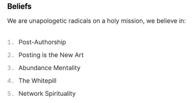 Screenshot of a manifesto headed "Beliefs" listing five tenets including "Posting is the New Art"
