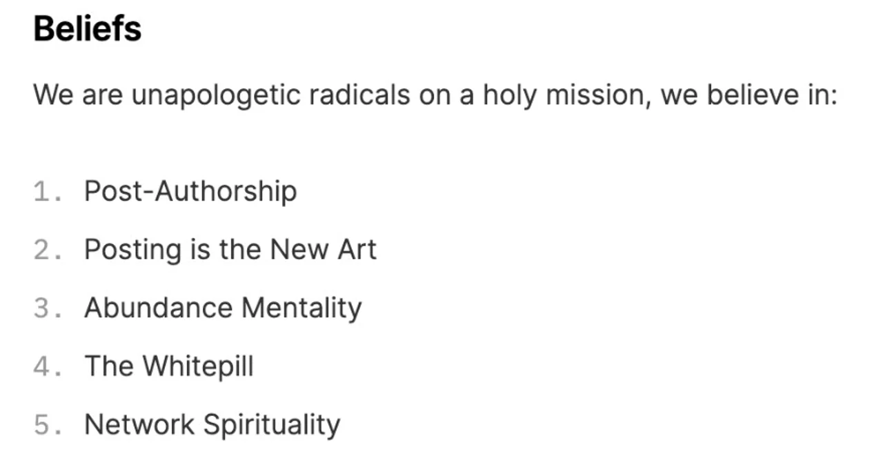 Screenshot of a manifesto headed "Beliefs" listing five tenets including "Posting is the New Art"