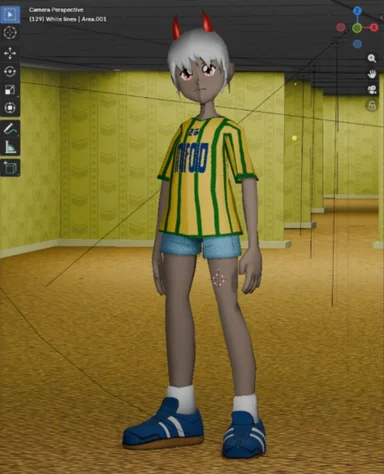 3D anime-style character with white hair and red horns in a yellow room, shown in a Blender viewport