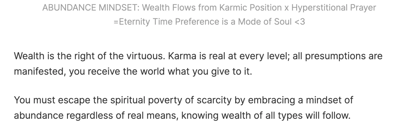Screenshot of text headed "ABUNDANCE MINDSET: Wealth Flows from Karmic Position x Hyperstitional Prayer"