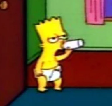Low-resolution cartoon screenshot of Bart Simpson in white underwear frowning while holding a remote control