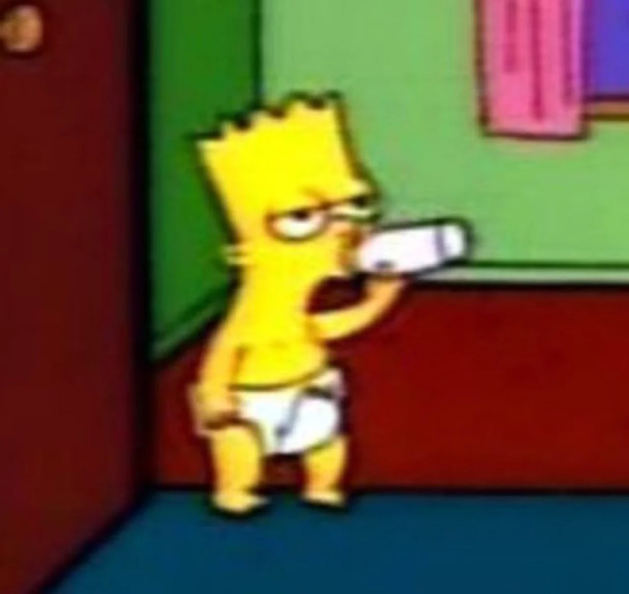 Low-resolution cartoon screenshot of Bart Simpson in white underwear frowning while holding a remote control