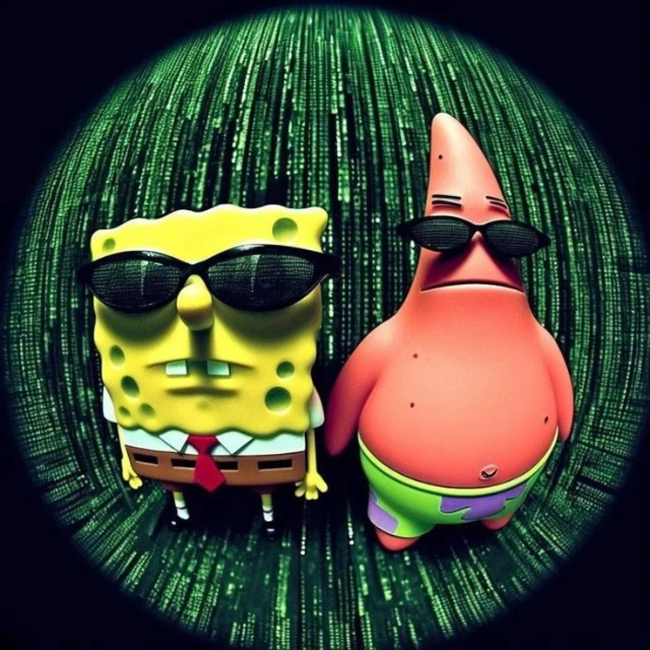 3D-rendered yellow sponge and pink starfish cartoon characters in black sunglasses against green code rain