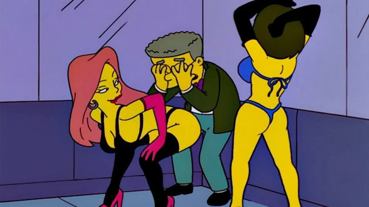 Animated screenshot of a man hiding his face in his hands while two dancers in lingerie pose beside him