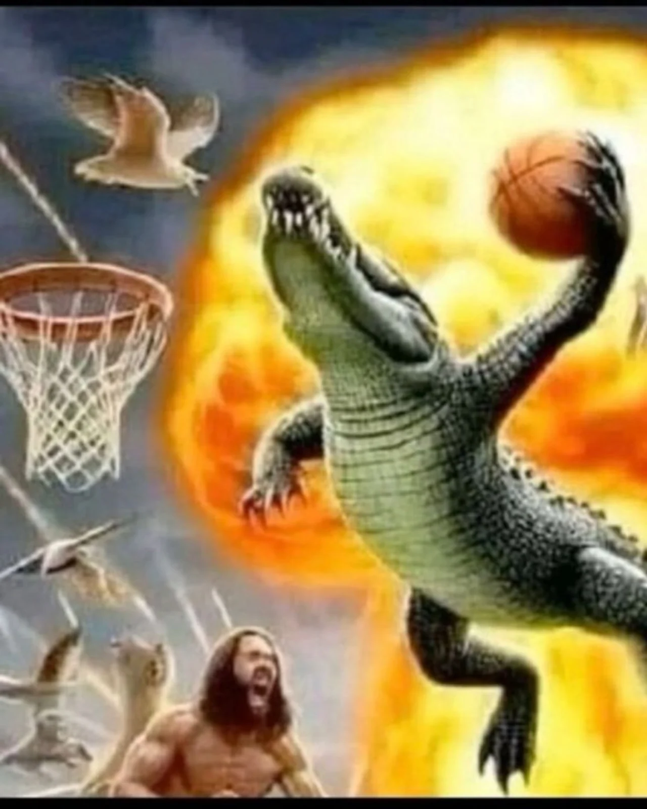 Photoshopped collage of a crocodile leaping with a basketball toward a hoop in front of a fiery explosion