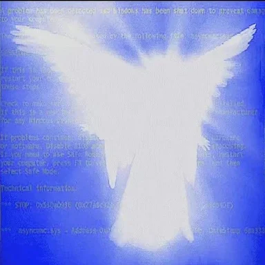 Glowing white winged angel figure overlaid on a blue Windows blue screen of death error text