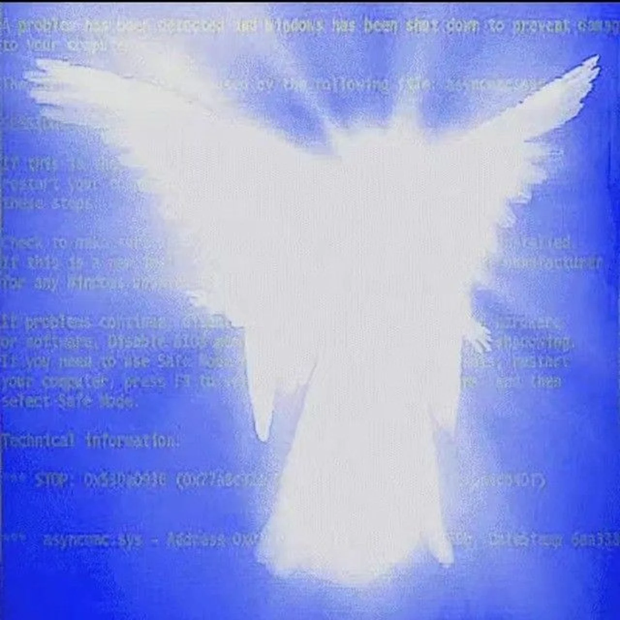 Glowing white winged angel figure overlaid on a blue Windows blue screen of death error text