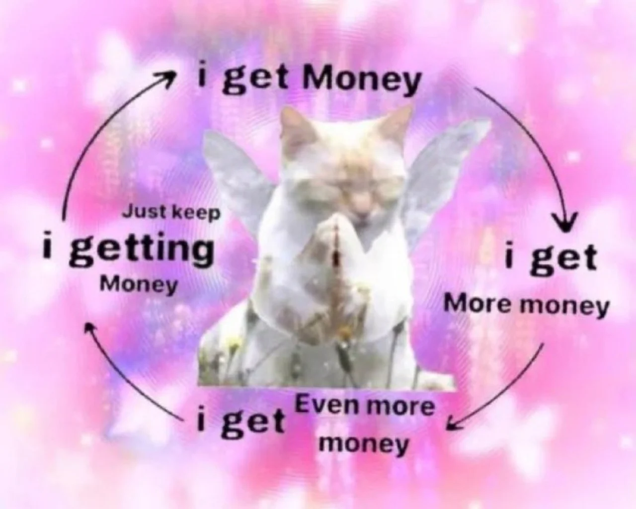 Praying cat with fairy wings on pink sparkle background ringed by arrows reading "i get Money"