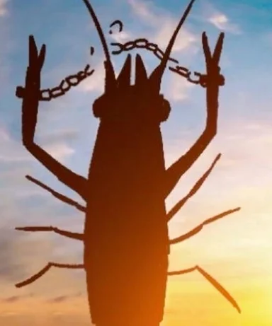 Silhouetted lobster raising both claws against a sunset sky, snapping a chain strung between them