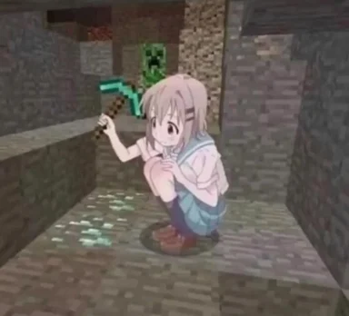 Anime schoolgirl holding a diamond pickaxe crouched in a Minecraft cave as a creeper approaches behind her