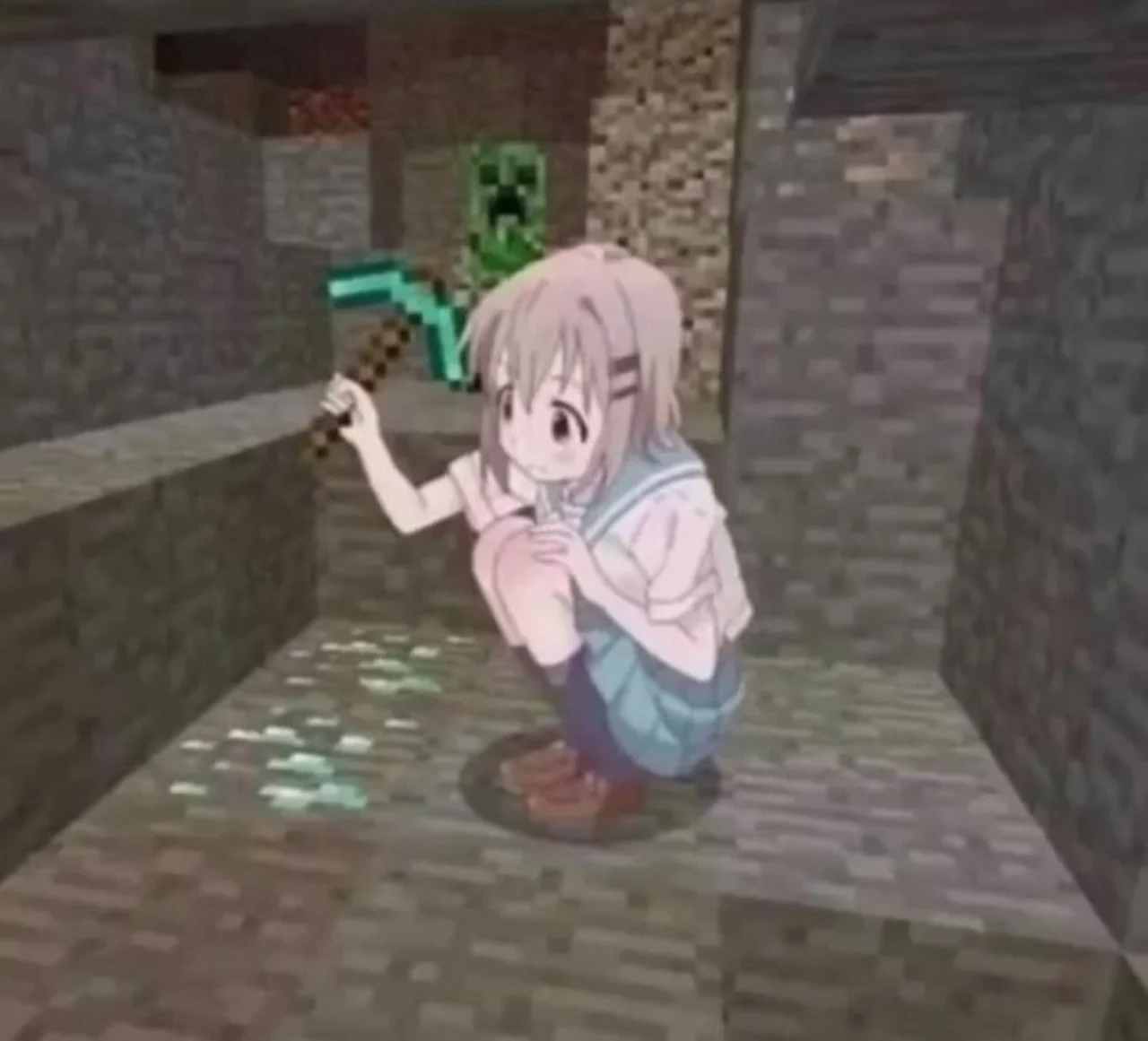 Anime schoolgirl holding a diamond pickaxe crouched in a Minecraft cave as a creeper approaches behind her