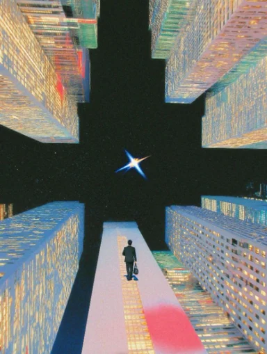 Retro airbrush illustration of a suited man with a briefcase walking toward a bright star between skyscrapers