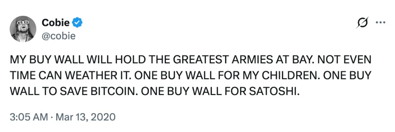 Tweet screenshot from @cobie declaring "ONE BUY WALL TO SAVE BITCOIN. ONE BUY WALL FOR SATOSHI."