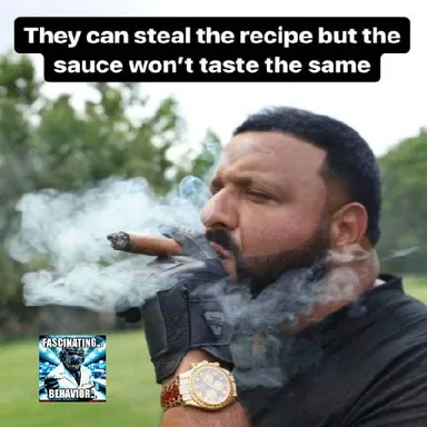 Bearded man in a golf glove smoking a cigar outdoors with caption about stealing the recipe