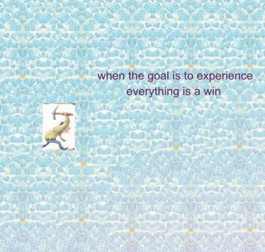 Blue Magic Eye style pattern with a small illustration of a figure swinging a pickaxe and caption text