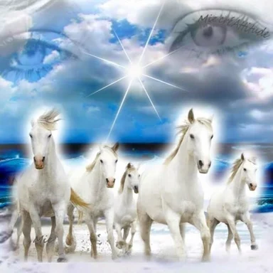 Photo collage of five white horses running across a beach beneath giant blue eyes and a star burst