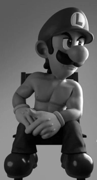 Grayscale 3D render of a shirtless cartoon plumber in an 'L' cap sitting on a chair, hands clasped