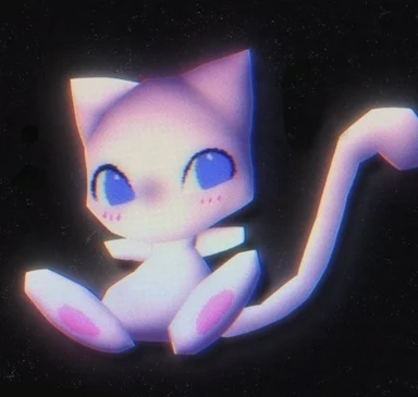 Low-poly pink cat-like creature with big blue eyes and a long tail floating against a starry black background