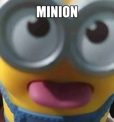 Blurry extreme close-up of a yellow cartoon minion face with white caption text reading 'MINION'