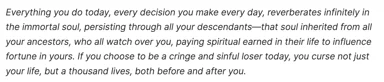 Italic black text on white claiming daily decisions reverberate infinitely in the immortal soul and descendants