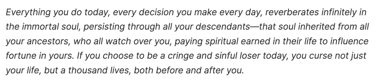 Italic black text on white claiming daily decisions reverberate infinitely in the immortal soul and descendants
