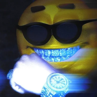Cursed yellow emoji face in sunglasses with a glowing diamond grill and iced-out wristwatch