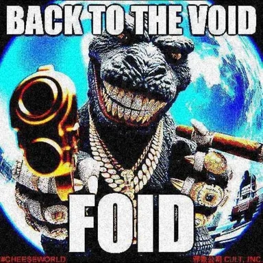 Grinning Godzilla with gold teeth, chains and a pistol under text reading 'BACK TO THE VOID' and 'FOID'