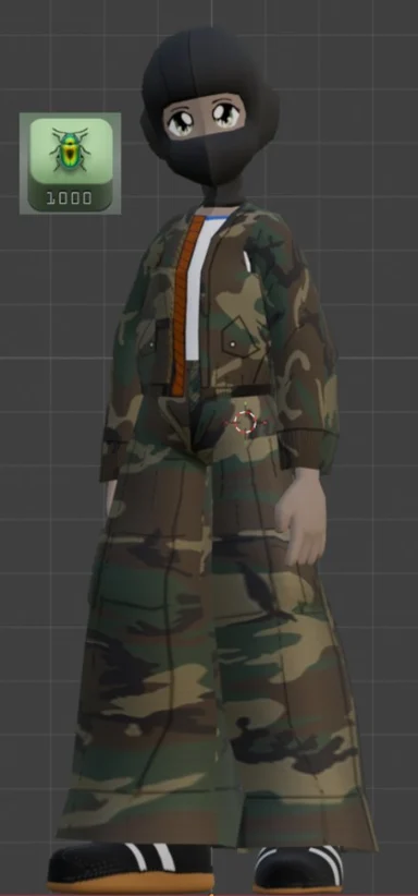 3D anime-style avatar in black balaclava and long camo coat, posed in a gray grid viewport