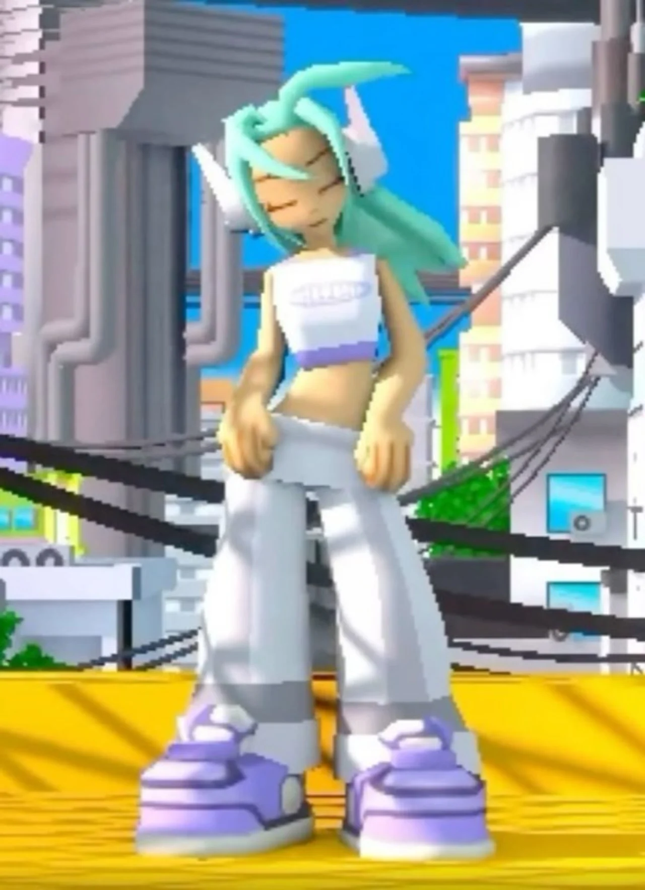Low-poly 3D character with mint green hair, white crop top, baggy pants and purple platform sneakers