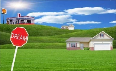 Photoshopped green hills with suburban houses, a Shell gas station and a red octagonal sign reading DREAM
