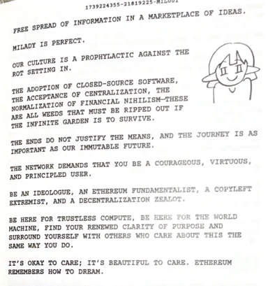 Scanned typewritten manifesto page with a doodled Milady-style character, reading "MILADY IS PERFECT."