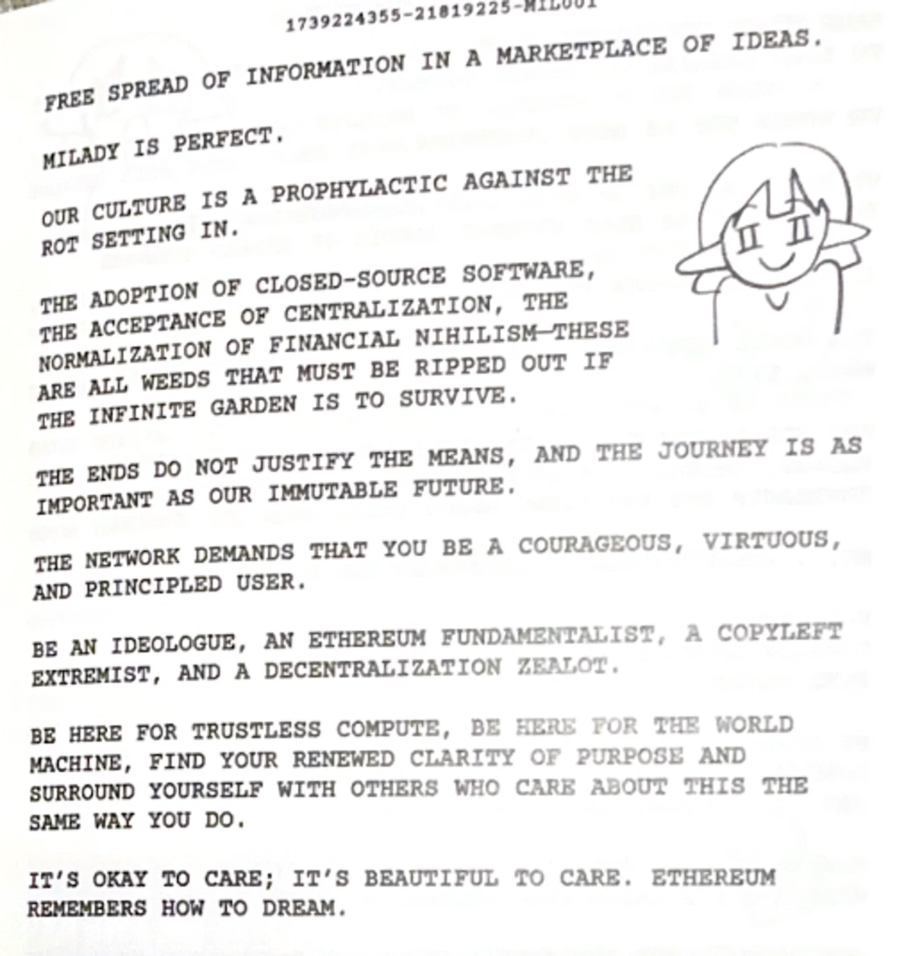 Scanned typewritten manifesto page with a doodled Milady-style character, reading "MILADY IS PERFECT."