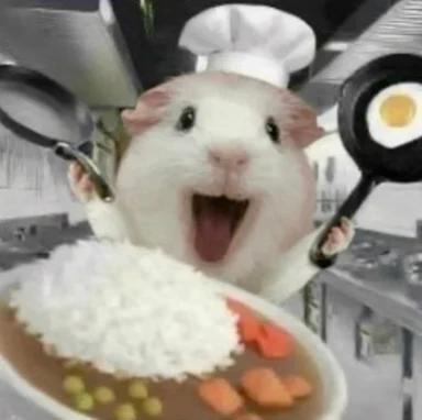 Photo edit of a screaming white hamster in a chef hat holding frying pans above a plate of curry rice
