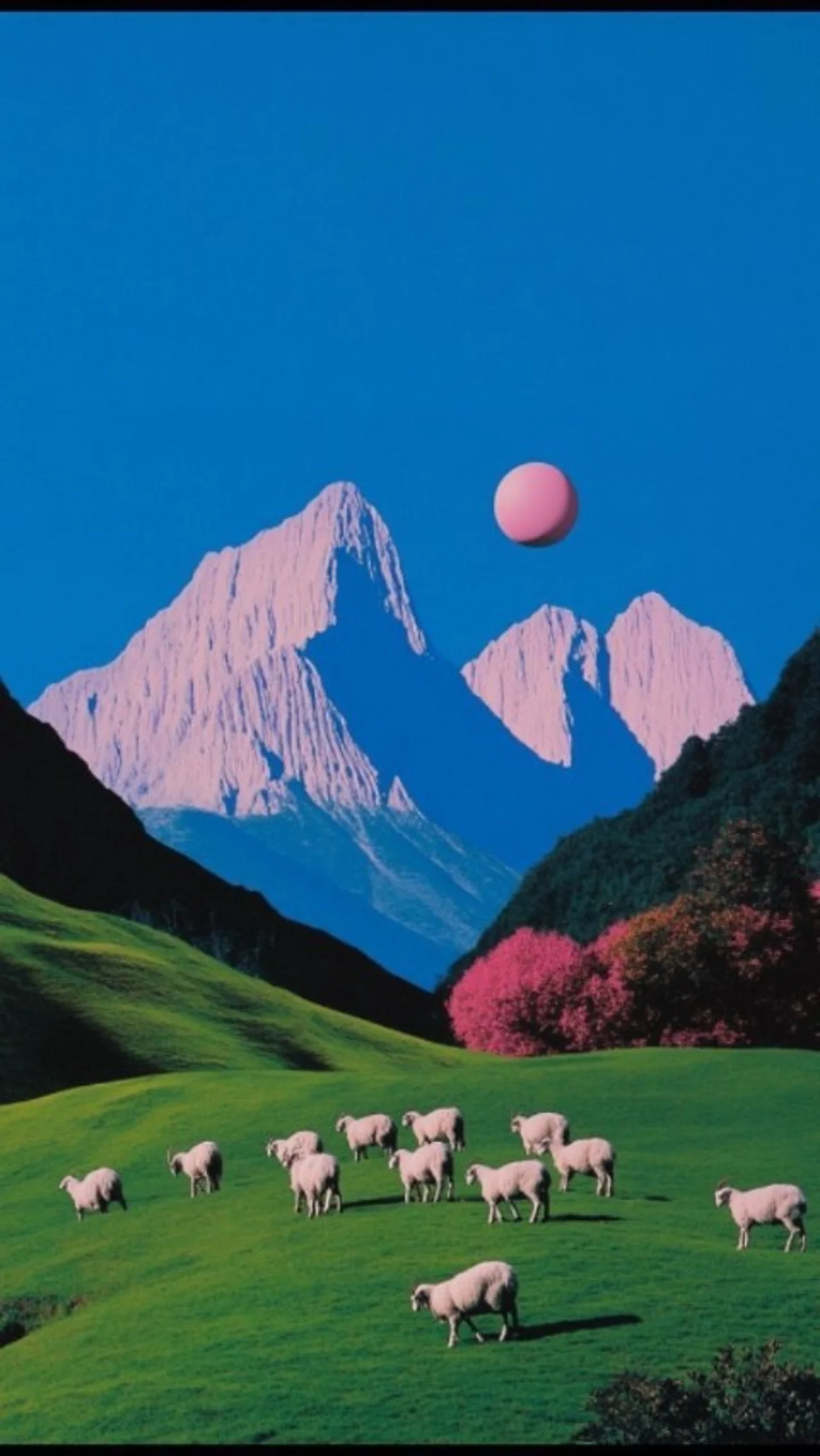 Surreal landscape with sheep on green hills, pink-tinted peaks and a pink sphere in a blue sky