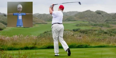 Golfer in white shirt and red cap mid-swing on a links course, with a T-posing 3D avatar inset at top left