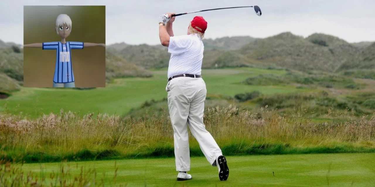 Golfer in white shirt and red cap mid-swing on a links course, with a T-posing 3D avatar inset at top left