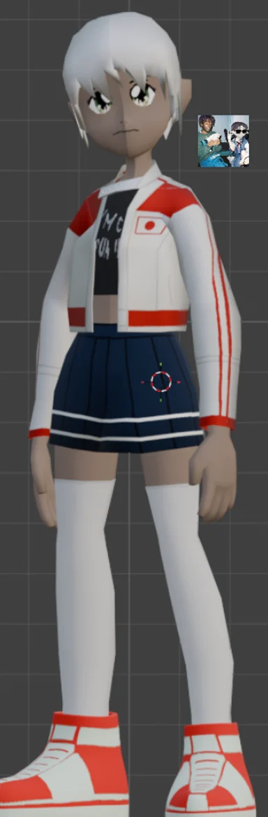 3D anime-style avatar with white hair, red-and-white track jacket, navy pleated skirt and thigh-high socks