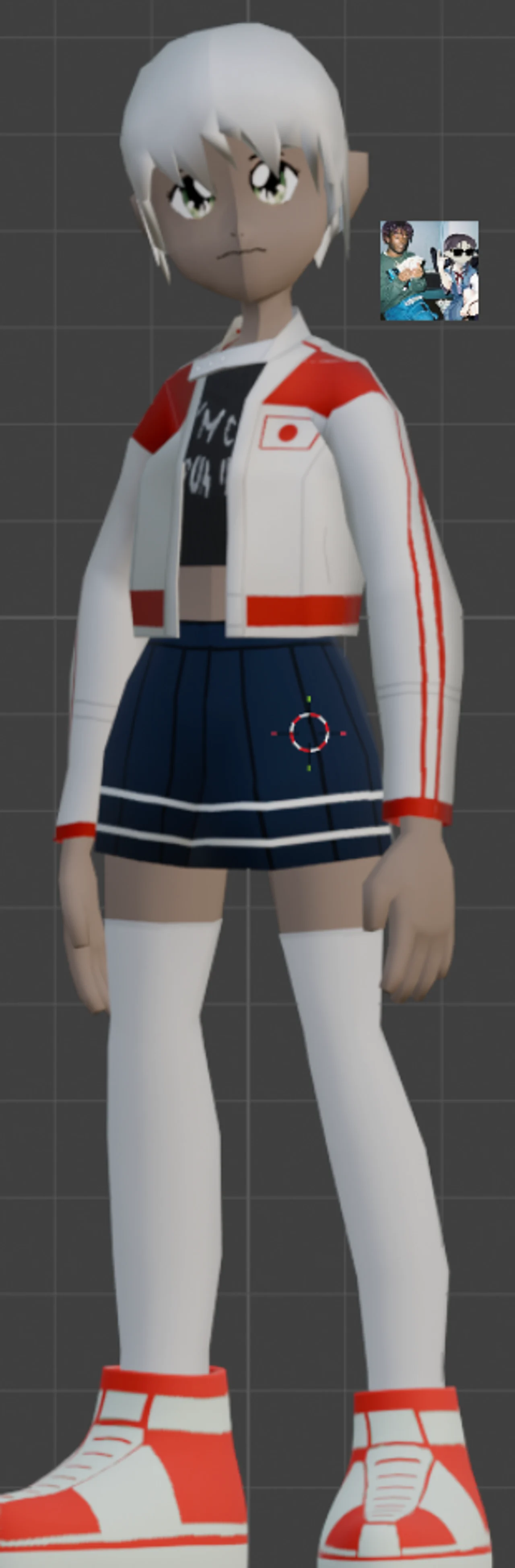 3D anime-style avatar with white hair, red-and-white track jacket, navy pleated skirt and thigh-high socks