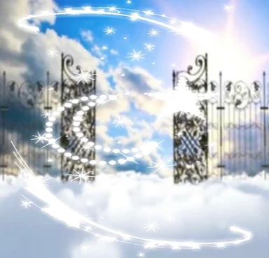 Ornate wrought-iron gates open above clouds in a bright sky, overlaid with glowing sparkle swirls