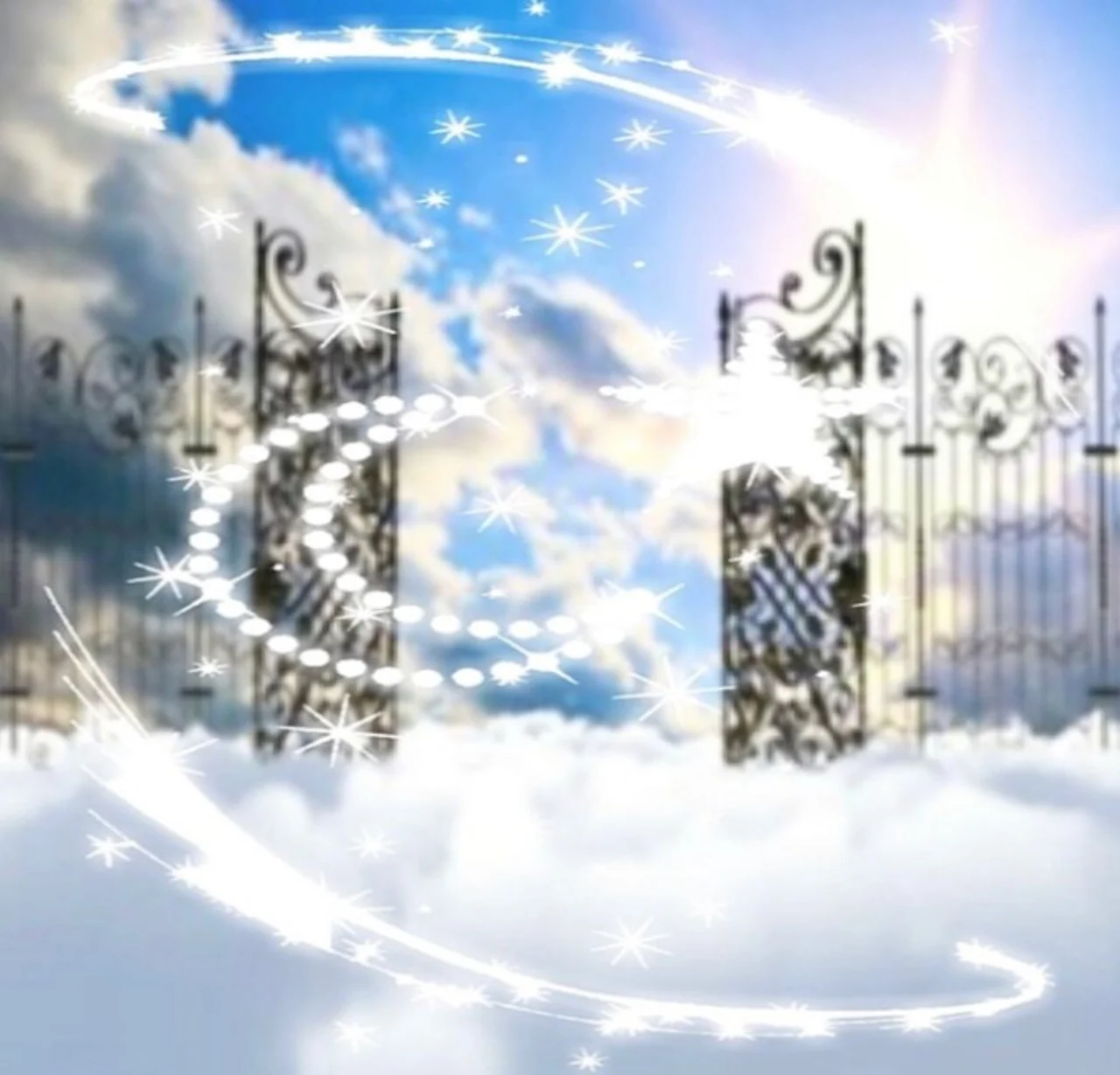 Ornate wrought-iron gates open above clouds in a bright sky, overlaid with glowing sparkle swirls