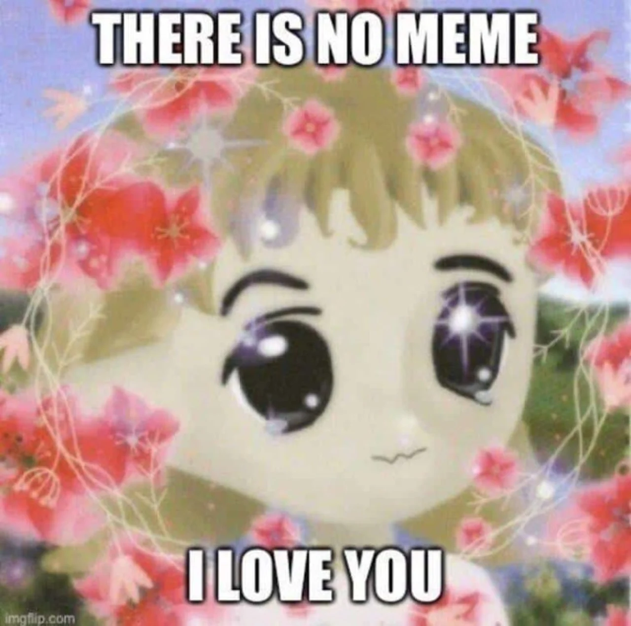 Blurry cartoon girl with big sparkly eyes framed by pink flowers, captioned "THERE IS NO MEME / I LOVE YOU"